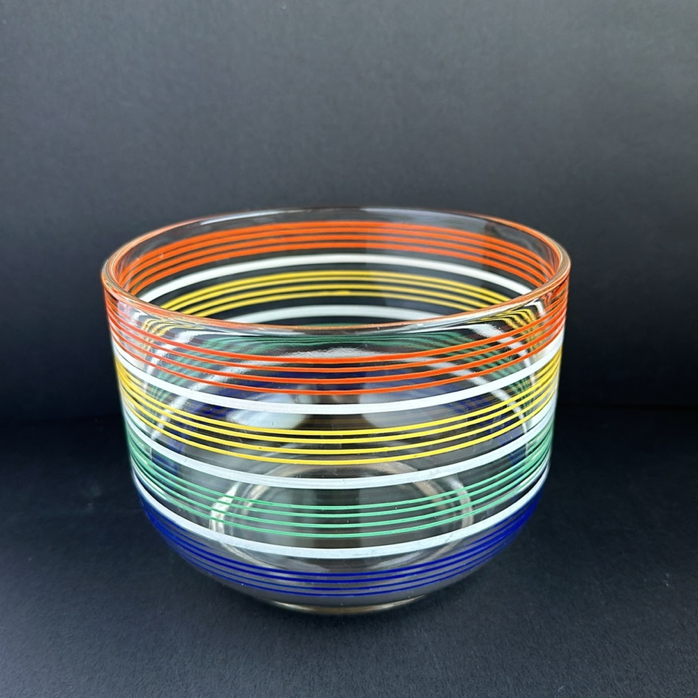 Rainbow Striped Glass Bowl Ice Bucket 6” EUC
